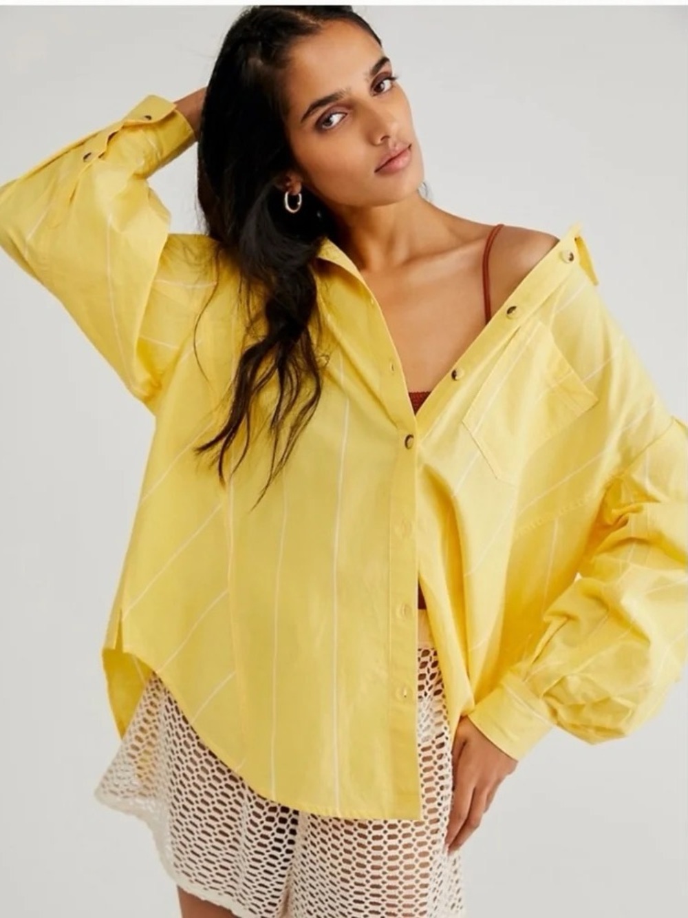 Free People Happy Hour Stripe Top Yellow Combo Boho Oversized Women Size S - Picture 8 of 16